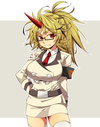  armband bespectacled blonde_hair breasts commentary_request cosplay female glasses horns hoshiguma_yuugi kiri_futoshi kneesocks_(psg) kneesocks_(psg)_(cosplay) large_breasts long_hair messy_hair miniskirt necktie oerba_yun_fang panty_&amp;_stocking_with_garterbelt pencil_skirt ponytail red_eyes single_horn skirt solo sweatdrop thighhighs touhou uniform zettai_ryouiki 