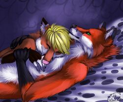  2015 anthro bed black_body black_fur black_nose blonde_hair brown_body brown_fur canid canine closed_eyes cuddling digital_media_(artwork) duo dutch_angle fingerless_(marking) fox foxeh fur furniture green_eyes hair inner_ear_fluff lying male male/male mammal multicolored_body multicolored_fur nude on_back on_bed orange_body orange_fur pattern_background pink_nose red_body red_fur signature simple_background sleeping sunrisefox tuft white_body white_fur yaoi-no-mikan 