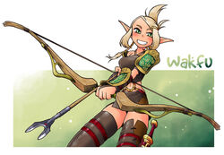  arrow_(projectile) blonde_hair bow_(weapon) braid cra_(wakfu) dagger evangelyne_(wakfu) female freckles green_eyes grin hair_ornament hairclip hayami_rasenjin knife pointy_ears smile solo thighhighs wakfu weapon 