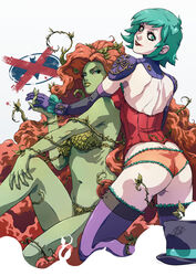  2girls ame-comi aqua_hair bat_(symbol) corset dc_comics duela_dent elbow_gloves female gloves green_skin hand_holding hat headwear_removed ivy kneeling multiple_girls plant poison_ivy red_hair santi_casas sitting thighhighs 