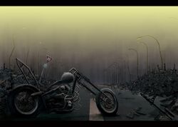  basoboo-bumboo commentary_request dark gun lamppost letterboxed motor_vehicle motorcycle no_humans original post-apocalypse quarterly_pixiv_11_original ruins scenery sign weapon 