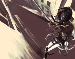  belt black_eyes black_hair boots commentary_request dual_wielding dutch_angle female hachiko-29 holding jacket mikasa_ackerman paradis_military_uniform photoshop_(medium) scarf shingeki_no_kyojin short_hair skirt solo sword thigh_strap three-dimensional_maneuver_gear weapon 