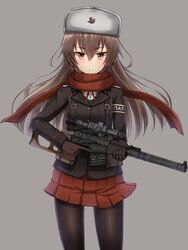  armlet blush brown_gloves brown_hair buttons commentary_request female gloves grey_background gun hair_between_eyes hammer_and_sickle hat highres holding holding_gun holding_weapon long_hair looking_at_viewer miyako_(yakob_labo) original pantyhose red_eyes red_scarf red_skirt ribbon rifle russian_text scarf simple_background skirt smile sniper_rifle solo standing translated trigger_discipline uniform vss_vintorez weapon yakob_labo 