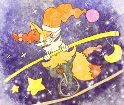  2022 :3 ambiguous_anthro ambiguous_gender annyui0611 anthro balancing biped blush bodypaint braixen canid circus clothing digital_drawing_(artwork) digital_media_(artwork) digitigrade dipstick_tail dutch_angle face_paint food front_view full-length_portrait generation_6_pokemon hat hat_on_ear headgear headwear hi_res holding_object holding_stick japanese_description looking_at_viewer mammal markings mouth_closed nintendo object_in_tail pokemon pokemon_(species) portrait shrimp_(food) sitting snout solo stick tail tail_markings three-quarter_view translated_description unicycle vehicle 