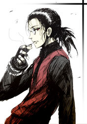  1boy age_regression aged_down black_hair black_shirt cigarette gloves hellsing jewelry male_focus monocle ponytail red_eyes red_vest ring shirt smoking tied_hair vest wakame walter_c._dornez 