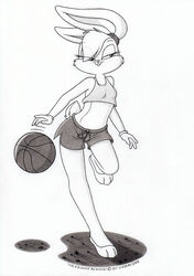  3_toes anthro barefoot basketball bottomwear clothed clothing crop_top dolphin_shorts feet female hare lagomorph leporid lola_bunny looney_tunes mammal midriff paws plantigrade rabbit shirt shorts solo space_jam sport tank_top tirashanks_(artist) toes topwear warner_brothers 