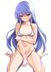  bare_arms bare_legs between_legs bikini blue_hair blush breasts cleavage closed_mouth collarbone commentary_request female grisaia_(series) grisaia_no_kajitsu grisaia_no_rakuen hand_between_legs highleg highleg_bikini highleg_swimsuit kazami_kazuki kesoshirou kneeling long_hair navel purple_eyes side-tie_bikini_bottom simple_background small_breasts solo swimsuit white_background white_bikini 