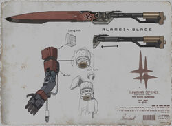  alchemy_stars barcode blueprint_(medium) commentary_request concept_art diagram english_text highres korean_commentary logo mechanical_arms no_humans official_art revy_(alchemy_stars) signature single_mechanical_arm sword weapon weapon_focus whitebear wire 