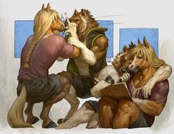  amber_eyes anthro arm_on_shoulder athletic athletic_anthro athletic_male biceps black_bottomwear black_clothing black_nose black_shorts blonde_hair bottomwear braided_hair braided_ponytail brasa_(jerome_jacinto) brown_body brown_fur canid canine canis closed_eyes clothed clothing crouching cuddling duo equid equine facial_markings fur furgonomics grey_background hair head_markings heart_symbol hi_res horse jerome_jacinto khaki_shorts khakis kissing male male/male mammal mane markings mythological_canine mythological_creature mythology pen ponytail purple_clothing purple_shirt purple_topwear romantic romantic_couple shirt shorts simon_(jerome_jacinto) simple_background sketchbook t-shirt tank_top topwear vest were werecanid werecanine werewolf white_body white_clothing white_fur white_shirt white_topwear wolf 