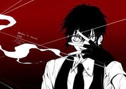  1boy black_hair black_vest bloodcat_(babacatcat) cigarette gloves hand_over_face hellsing hellsing:_the_dawn male_focus red_background smoking solo vest walter_c._dornez wire 