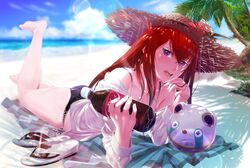  ass bad_id bad_pixiv_id barefoot beach bikini black_bikini blue_eyes blue_sky blurry blurry_background bottle cloud collarbone day dr_pepper female gotthelife hair_between_eyes highres holding holding_bottle leg_up lens_flare long_hair long_sleeves looking_at_viewer lying makise_kurisu ocean on_stomach open_mouth outdoors palm_tree red_hair shirt sky solo steins;gate straight_hair sunlight swimsuit tree upa_(steins;gate) white_shirt 