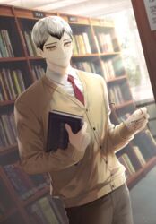  1boy bad_id bad_twitter_id beige_cardigan book bookshelf buttons cardigan glasses grey_hair haikyuu!! hemoon holding holding_book holding_removed_eyewear indoors kita_shinsuke library long_sleeves looking_at_viewer male_focus multicolored_hair necktie pants red_necktie school_uniform shirt short_hair smile solo two-tone_hair unworn_eyewear white_shirt yellow_eyes 