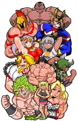  5boys 6+girls aliza_(granblue_fantasy) all_might amazon_(dragon&#039;s_crown) antenna_hair arm_up aurochs_(kemono_friends) bea_(pokemon) biscuit_oliva black_hair black_shirt blonde_hair bodysuit boku_no_hero_academia breasts broly_(dragon_ball_super) camouflage camouflage_shirt chains character_request cleavage closed_eyes commentary copyright_request covered_eyes crossover dark-skinned_female dark_skin dragon&#039;s_crown dragon_ball dragon_ball_super dragon_ball_super_broly draph dumbbell_nan_kilo_moteru? fangs fate/grand_order fate_(series) flexing granblue_fantasy grappler_baki green_eyes green_footwear green_hair grey_eyes grey_hair grin gyaru hair_slicked_back helmet highres horns hoshiguma_yuugi kemono_friends large_breasts legendary_super_saiyan leonidas_(fate) long_hair looking_at_viewer machio_naruzou multiple_boys multiple_crossover multiple_girls muscular muscular_female oasis_(magnitude711) oni_horns open_mouth pectorals pink_hair pink_shorts pokemon pokemon_swsh pose red_hair sakura_hibiki scar shirt short_hair short_sleeves shorts single_horn sleeveless smile spiked_hair super_saiyan superhero_costume tank_top tattoo teeth thick_eyebrows topless_male touhou trait_connection twintails white_shirt 