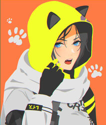  animal_ears animification apex_legends black_gloves black_hair blue_eyes cat_ears fake_animal_ears fangs female gloves hood hood_up hoodie looking_to_the_side meriko no_lineart open_mouth orange_hair parted_bangs paw_print scarf solo upper_body void_prowler_wraith white_scarf wraith_(apex_legends) yellow_hoodie 