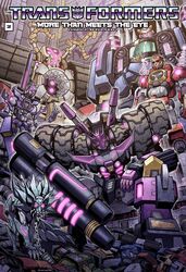  6+boys arm_cannon black_eyes comic_cover cover cover_page crossed_arms decepticon dominus_ambus fujisawa_naoyuki glowing glowing_eyes helex highres kaon_(transformers) leaning_forward looking_at_viewer mask mecha multiple_boys no_humans official_art purple_eyes robot science_fiction tarn tesarus the_transformers_(idw) transformers vos weapon 