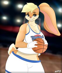  absurd_res almy anthro basketball big_breasts blurred_background bodily_fluids breasts clothing english_text female hi_res lagomorph leporid lola_bunny looney_tunes mammal rabbit shirt solo sweat tank_top text text_on_clothing text_on_shirt text_on_tank_top text_on_topwear topwear warner_brothers 