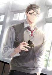  1boy bad_id bad_twitter_id eating food glasses grey_eyes grey_hair haikyuu!! hemoon holding holding_food indoors long_sleeves looking_at_viewer male_focus miya_osamu multicolored_hair necktie onigiri pants red_necktie school_uniform shirt short_hair solo sweater_vest two-tone_hair white_shirt 