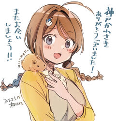  alternate_costume animal_on_shoulder artist_name braid brown_hair chougei_(kancolle) commentary_request dated female grey_eyes hamster hamster_on_shoulder jacket kantai_collection kirisawa_juuzou long_hair one-hour_drawing_challenge simple_background translation_request twin_braids white_background yellow_jacket 