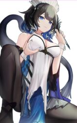  absurdres arknights bare_shoulders black_hair black_pantyhose blue_dress blue_eyes blue_hair breast_hold breasts cleavage closed_mouth detached_sleeves dress duster feather_duster feet_out_of_frame female highres kjera_(arknights) kjera_(ingenious_servant)_(arknights) large_breasts long_sleeves looking_at_viewer maid maid_headdress mizuhashi_parusui multicolored_hair official_alternate_costume pantyhose short_hair simple_background solo spread_legs squatting strapless strapless_dress tail two-tone_dress white_background white_dress white_hair wide_sleeves wrist_cuffs 