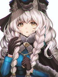  amripo animal_ear_fluff animal_ears arknights black_capelet black_gloves blue_jacket braid capelet chromatic_aberration commentary female fur-trimmed_capelet fur_trim gloves grey_eyes hand_up hat highres jacket leopard_ears long_hair looking_at_viewer official_alternate_costume parted_lips pramanix_(arknights) pramanix_(caster&#039;s_frost)_(arknights) simple_background solo twin_braids upper_body white_background white_hair 