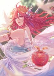  alternate_costume alternate_hairstyle ancient_greek_clothes apple armlet bare_shoulders bird braid chiton commentary cordelia_(fire_emblem) dove dress english_commentary english_text faithom female fire_emblem fire_emblem_awakening floating_hair flower food fruit greco-roman_clothes hair_between_eyes hair_flower hair_ornament highres holding holding_polearm holding_weapon jasmine_(flower) jewelry laurel_crown lips long_hair looking_away parted_lips pink_lips polearm red_eyes red_hair sidelocks sleeveless sleeveless_dress solo spear weapon white_dress white_flower wing_hair_ornament 