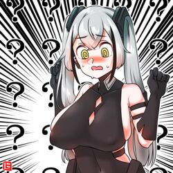  absurdres alternate_breast_size blush breasts commentary_request covered_nipples destroyer_(girls&#039;_frontline) embarrassed female girls&#039;_frontline highres large_breasts sangvis_ferri shima_(wideshi_ma) solo sweatdrop twintails white_hair yellow_eyes 