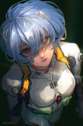  absurdres ayanami_rei black_background blue_hair bodysuit breasts female hair_between_eyes hair_ornament headgear highres interface_headset lips looking_at_viewer neon_genesis_evangelion pilot_suit plugsuit red_eyes science_fiction short_hair simple_background solo twitter_username uu0000322 white_bodysuit 