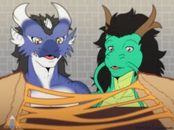  2022 4:3 anthro asian_mythology blue_body blue_scales digital_media_(artwork) dragon duo east_asian_mythology eastern_dragon european_mythology food fur grilled_cheese hi_res horn male mythological_creature mythological_scalie mythology open_mouth prismanoodle_(artist) rykin sandwich_(food) scales scalie simple_background western_dragon 