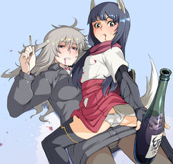  2girls anabuki_tomoko animal_ears ass black_hair bottle brown_eyes cigarette clothes_lift cup drinking_glass elizabeth_f._beurling fox_ears fox_girl fox_tail grey_hair hakama hakama_lift hakama_short_skirt hakama_skirt highres jacket japanese_clothes long_hair long_sleeves looking_at_viewer looking_back multiple_girls panties pantyshot red_hakama sitting sitting_on_person skirt strike_witches:_suomus_misfits_squadron tabigarasu tail thighhighs underwear white_panties wine_glass world_witches_series yuri 