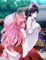  2girls animal_ear_fluff animal_ears animal_nose architecture black_hair blush body_fur breasts east_asian_architecture fox_ears fox_girl from_side furry furry_female green_eyes grey_fur japanese_clothes large_breasts long_hair looking_at_viewer low_ponytail miko multiple_girls okobo open_mouth original outdoors pink_fur pink_hair red_footwear ruri_tsubame sandals shrine side_ponytail smile snout thighhighs tree very_long_hair white_thighhighs 