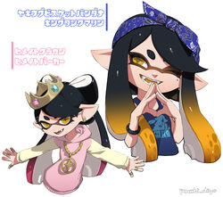  +_+ alternate_hairstyle bandana black_hair blue_bandana blue_shirt bracelet brown_eyes callie_(splatoon) clothes_writing colored_tongue cosplay cropped_torso crown dress earrings fangs female fingers_together gradient_hair grey_headwear hair_down head_tilt highres hood hood_down inkling jewelry long_hair long_hoodie long_sleeves looking_at_viewer mole mole_under_eye multicolored_hair multiple_views one_eye_closed open_mouth orange_hair orange_tongue outstretched_arms pearl_(splatoon) pearl_(splatoon)_(cosplay) pink_dress pink_hair pointy_ears print_shirt puchiman ring shirt simple_background smile splatoon_(series) splatoon_2 spread_arms swept_bangs thumb_ring tied_hair tilted_headwear translated twitter_username white_background 