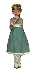  absurdres black_hair blue_skirt braid dark-skinned_female dark_skin female flower freckles full_body hair_flower hair_ornament hanbok hand_on_own_chest hand_up head_wreath highres korean_clothes lolicon long_hair looking_at_viewer mindle_(mossacannibalis) mossacannibalis open_mouth original pants puffy_pants ringed_eyes simple_background skirt solo standing very_long_hair white_background white_pants yellow_eyes 