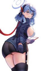  ako_(blue_archive) ass blue_archive blue_eyes blue_hair blush breasts breasts_out female gun handgun highres large_breasts looking_at_viewer looking_back luger_p08 medium_hair rahy sideless_outfit sideless_shirt teeth thighs weapon 