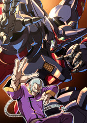  1boy braid braided_ponytail facial_hair fighting_stance g_gundam glowing glowing_eye green_eyes grey_eyes grey_hair gundam highres long_hair looking_at_viewer male_focus master_asia master_gundam mecha moustache open_hands open_mouth robot science_fiction shouji_nigou v-fin v-shaped_eyebrows 