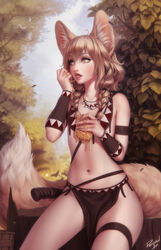  animal_ear_fluff animal_ears armband artist_name bare_shoulders bee bracer braid bug commentary day ear_piercing female flat_chest fox_ears fox_girl fox_tail highres honey honeycomb_(object) jewelry khiara_(personal_ami) large_tail licking licking_finger light_brown_hair long_hair looking_away navel necklace open_mouth orange_eyes original outdoors pelvic_curtain personal_ami piercing slit_pupils solo symbol-only_commentary tail thigh_strap tongue tongue_out tooth_necklace tree twin_braids 