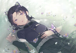  antweiyi belt belt_buckle black_hair black_jacket black_skirt buckle bug butterfly butterfly_hair_ornament commentary_request demon_slayer_uniform female hair_ornament haori jacket japanese_clothes kimetsu_no_yaiba kochou_shinobu looking_up lying military military_jacket military_uniform on_back parted_lips petals photoshop_(medium) pleated_skirt pool purple_eyes short_hair skirt solo uniform white_belt 