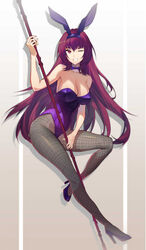  animal_ears bare_shoulders blush breasts cleavage detached_collar fake_animal_ears fate/grand_order fate_(series) female fishnet_pantyhose fishnets full_body gae_bolg_(fate) grin hair_between_eyes high_heels highleg highleg_leotard highres large_breasts leotard long_hair looking_at_viewer official_alternate_costume one_eye_closed pantyhose pat_bharasarn playboy_bunny polearm purple_hair purple_leotard rabbit_ears red_eyes scathach_(fate) scathach_(piercing_bunny)_(fate) smile solo spear weapon wrist_cuffs 