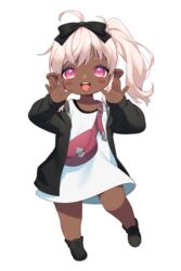  absurdres ahoge bad_id bad_pixiv_id black_bow black_footwear black_jacket blush_stickers boots bow braid casual_attire_(ff14) chibi collarbone commentary_request commission copyright_request dark-skinned_female dark_skin dress fanny_pack female final_fantasy final_fantasy_xiv full_body hairbow hands_up highres jacket lalafell light_brown_hair long_sleeves open_clothes open_jacket pointy_ears puffy_long_sleeves puffy_sleeves red_eyes sakura_chiyo_(konachi000) side_ponytail simple_background sleeveless sleeveless_dress sleeves_past_wrists solo standing standing_on_one_leg very_dark_skin virtual_youtuber warrior_of_light_(ff14) white_background white_dress 