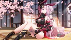  2girls absurdres animal_ears apparition architecture armor bare_shoulders black_footwear black_gloves boots branch breasts cherry_blossoms cleavage closed_mouth commentary_request dual_persona earrings east_asian_architecture fingerless_gloves fox_ears fox_mask full_body gloves hair_between_eyes highres honkai_(series) honkai_impact_3rd japanese_armor japanese_clothes jewelry long_hair mask md5_mismatch miko multiple_girls ninja on_floor p-deng petals pink_hair pink_skirt purple_eyes sitting skirt smile yae_kasumi yae_sakura yae_sakura_(gyakushinn_miko) 