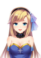  :d black_hairband blonde_hair blue_eyes blue_sleeves breasts caravan_stories choker cleavage commentary_request detached_sleeves female hairband long_hair long_sleeves looking_at_viewer medium_breasts open_mouth qingwa_fu_luo simple_background smile solo strapless swept_bangs upper_body very_long_hair white_background 