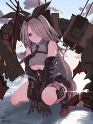  absurdres armor ascot azur_lane black_gloves black_ribbon black_skirt boots breasts female gloves hair_ribbon high_heel_boots high_heels highres long_hair necktie outdoors prinz_heinrich_(azur_lane) red_armor red_eyes red_footwear ribbon skirt sunebu_(snake_boo2) very_long_hair white_hair 