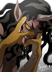  1boy animal_hands artist_name black_hair claws colored_sclera dark-skinned_male dark_skin demon_boy drooling fangs gradient_background hands_on_own_face hands_up highres horns kimetsu_no_yaiba lll_123_lll long_hair looking_to_the_side male_focus monster_boy nude open_mouth pointy_ears saliva saliva_trail simple_background solo text_in_eyes tongue tongue_out twitter_username upper_body urogi_(kimetsu_no_yaiba) veins white_background yellow_eyes yellow_sclera 