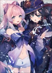  2girls :o bad_id bad_twitter_id black_choker black_gloves black_hair black_legwear blush bow bow-shaped_hair choker commentary_request detached_sleeves frilled_sleeves frills fur_trim genshin_impact gloves gradient_hair hair_ornament hair_ribbon half_gloves hat japanese_clothes jewelry leotard long_hair mikoccccchan mona_(genshin_impact) multicolored_hair multiple_girls open_mouth pantyhose pink_hair purple_headwear ribbon sangonomiya_kokomi short_shorts shorts vision_(genshin_impact) water watermark white_gloves witch_hat 