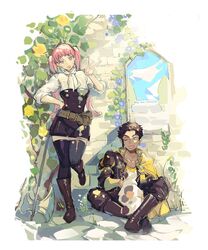  1boy absurdres against_wall animal animal_on_lap axe belt boots brown_hair cat_on_lap claude_von_riegan crossed_ankles dark-skinned_male dark_skin feline female fire_emblem fire_emblem:_three_houses garreg_mach_monastery_uniform green_eyes hand_on_own_hip highres hilda_valentine_goneril ivy olopheris on_lap pink_eyes pink_hair sitting thighhighs twintails 