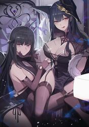  2girls absurdres animal_ears bare_shoulders black_dress black_gloves black_legwear braid breasts closed_mouth commentary detached_sleeves dress extra_ears fingerless_gloves fox_ears gloves hair_between_eyes hands_up highres large_breasts licking_lips long_hair looking_at_viewer mask mask_on_head multiple_girls original orn short_sleeves side_slit sideboob sidelocks symbol-only_commentary thigh_strap thighhighs thighs tongue tongue_out 