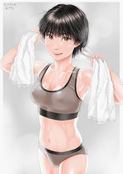  arms_up black_hair bra breasts brown_sports_bra check_commentary collarbone commentary commentary_request covered_nipples female grey_background highres holding holding_towel lips looking_at_viewer medium_breasts navel original parted_lips see-through see-through_bra short_hair smile solo sports_bra sportswear stomach sweat towel towel_around_neck underwear underwear_only wet yellow_eyes zenkou 