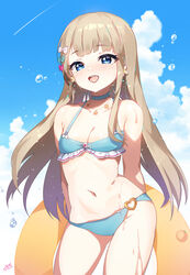  :d apple_caramel bad_id bad_pixiv_id bare_arms bare_shoulders bikini blue_bikini blue_choker blue_eyes bow breasts brown_hair choker cleavage commentary_request cowboy_shot day earrings female frilled_bikini frills hairbow halterneck highres idoly_pride innertube jewelry long_hair looking_at_viewer narumiya_suzu navel open_mouth outdoors sidelocks small_breasts smile solo standing stomach string_bikini swim_ring swimsuit thighs wet 