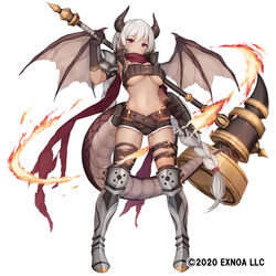  arm_up armor armored_boots armpits bandeau belt belt_pouch black_gloves black_shorts black_thighhighs boots braid breasts cleavage commentary_request crop_top cutoffs dragon_girl dragon_horns dragon_tail dragon_wings female fire fortress_girl full_body gloves grey_hair highleg highleg_panties highres holding holding_mallet holding_weapon horns knee_boots large_breasts long_hair looking_at_viewer mallet micro_shorts midriff navel official_art panties pauldrons photoshop_(medium) pink_eyes pointy_ears pouch scarf shield shorts shoulder_armor simple_background single_braid single_thighhigh skindentation smile solo standing stomach string_panties tachi-e tail thigh_strap thighhighs thighs torn_clothes torn_thighhighs underboob underwear very_long_hair vest watermark weapon white_background wings xe_(execut3r) 