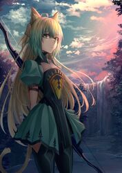  animal_ears atalanta_(fate) belt belt_buckle black_thighhighs blonde_hair bow_(weapon) braid buckle cat_ears cat_tail closed_mouth cloud commentary dress fate/apocrypha fate/grand_order fate_(series) female flat_chest french_braid green_dress green_eyes green_hair hair_between_eyes highres holding holding_bow_(weapon) holding_weapon kaze_minoru_so-ru long_hair looking_at_viewer multicolored_hair outdoors plant puffy_sleeves short_sleeves sky solo tail thighhighs tree two-tone_hair water waterfall weapon 