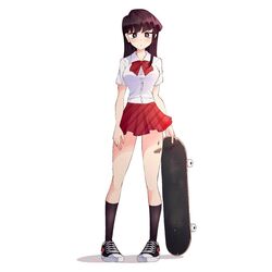  bandaid bandaid_on_leg black_footwear black_socks breasts brown_eyes brown_hair collared_shirt comme_des_garcons commentary converse dress_shirt english_commentary expressionless female full_body holding holding_skateboard itan_private_high_school_uniform jestami kneehighs komi-san_wa_komyushou_desu komi_shouko looking_at_viewer medium_breasts pigeon-toed red_neckwear red_skirt school_uniform shirt shoes simple_background skateboard skirt sneakers socks solo standing white_background white_shirt 